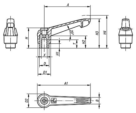 Manettes indexables en plastique, avec taraudage et anneau denté en zinc, insert fileté en acier bruni, pouces