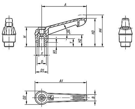 Manettes indexables en plastique, avec taraudage et anneau denté en zinc, insert fileté en inox, pouces