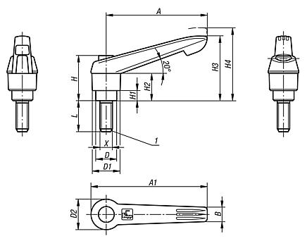 Clamping levers, plastic with external thread and push button, threaded insert stainless steel