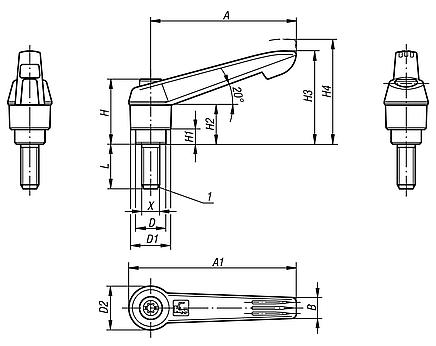 Clamping levers with plastic handle external thread, inch