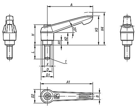 Clamping levers, plastic with external thread and zinc toothed ring, threaded insert stainless steel, inch