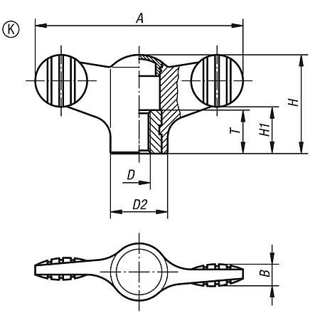 Wing grips with cap, plastic with steel or stainless steel threaded insert, internal thread - inch