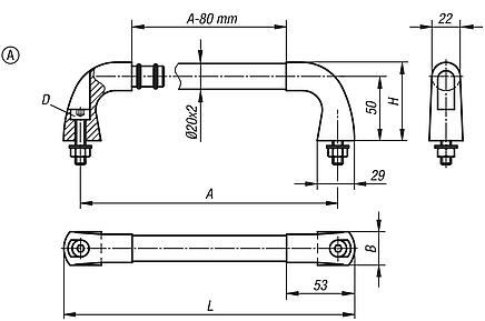 Tubular handles, stainless steel with investment cast grip legs, mounted from the front or rear