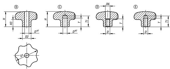 Star grips, stainless steel, similar to DIN 6336, inch