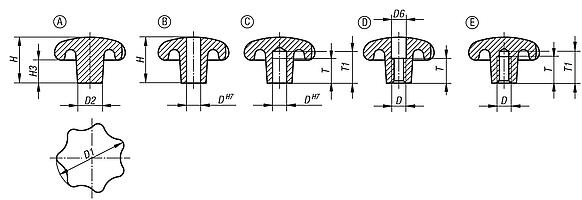Boutons étoile DIN 6336 en fonte grise, pouces