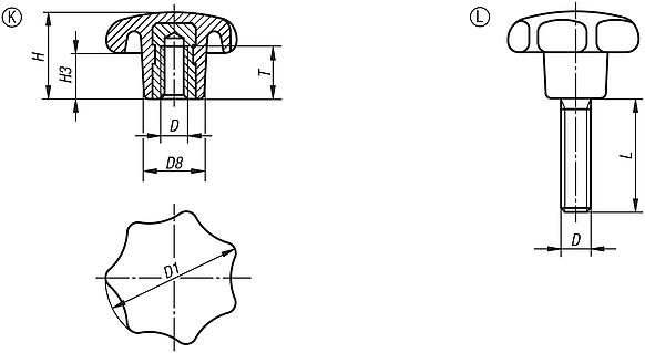 Star grips similar to DIN 6336, metal parts stainless steel