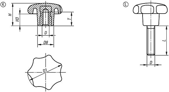 Bouton étoile en plastique similaire à DIN 6336, avec insert en inox