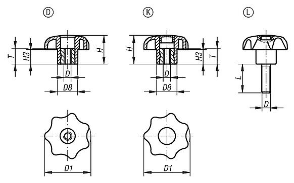 Star grips similar to DIN 6336, metal parts stainless steel, inch