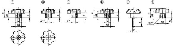 Manopole a lobi simili a DIN 6336