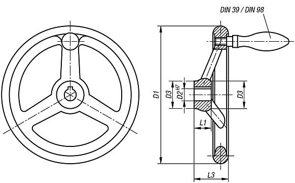 Volant DIN 950 en aluminium, avec poignée fixe