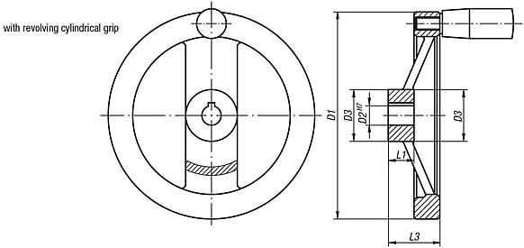2-spoke handwheels, polished aluminium, with revolving cylindrical grip
