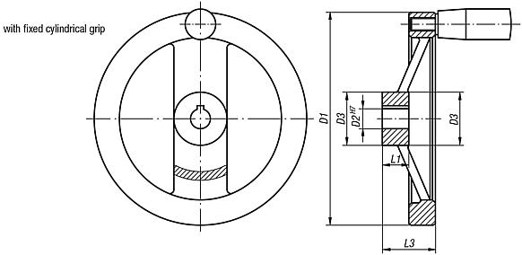 2-spoke handwheels, polished aluminium, with fixed cylindrical grip