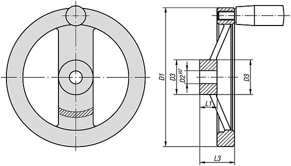 2-spoke handwheels, polished aluminium, with revolving cylindrical grip - inch