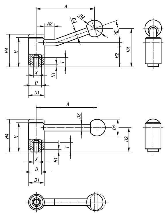 Tension leversinternal thread, stainless steel