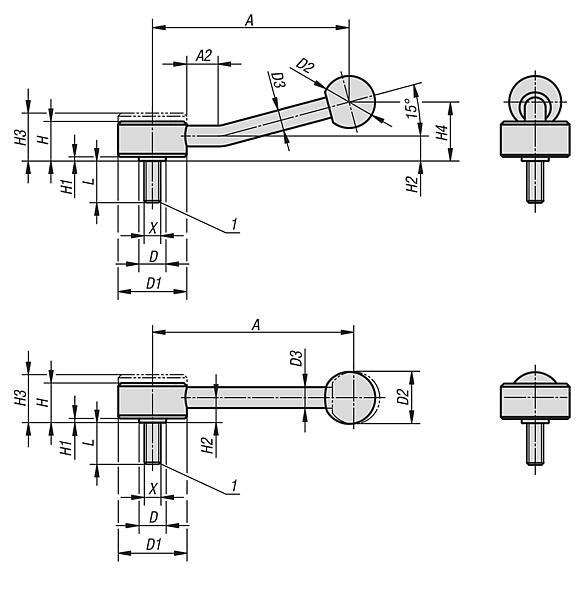 Tension levers, flat, external thread