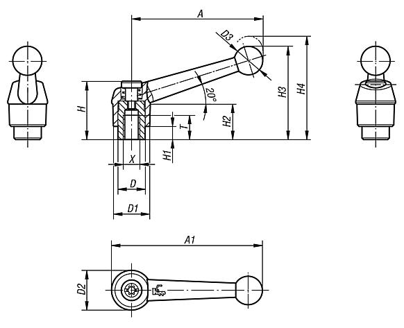 Manette indexable en zinc injecté haute pression avec taraudage, insert taraudé en inox