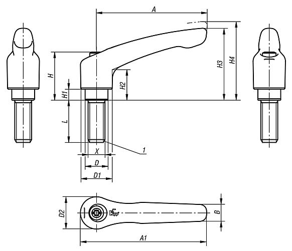 Leva di serraggio in zinco pressofuso con filettatura esterna, finitura satinata, inserto filettato in acciaio inox