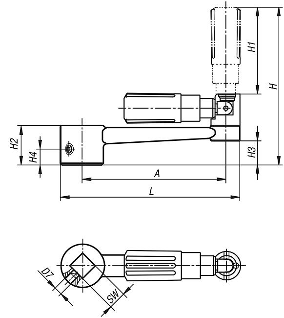 Manivelle en inox avec poignée cylindrique escamotable, avec carré femelle