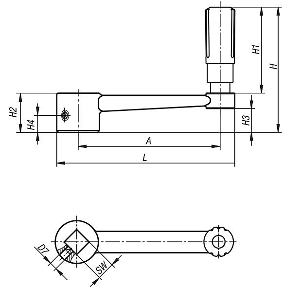 Crank handles stainless steel, revolving grip, square socket