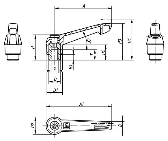 Manettes indexables en plastique, avec taraudage et anneau denté en zinc, insert fileté en acier bruni