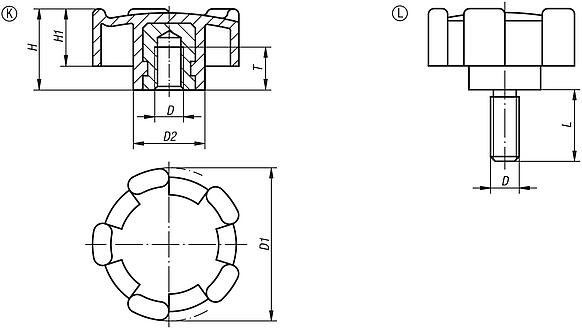 Five lobe grips, plastic, threaded insert brass or steel