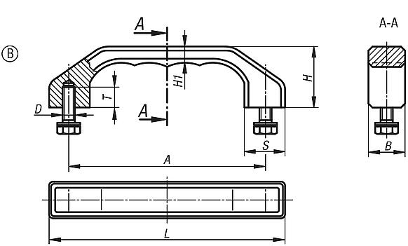 Pull handles, stainless steel, slanted both sides, mounting from the rear