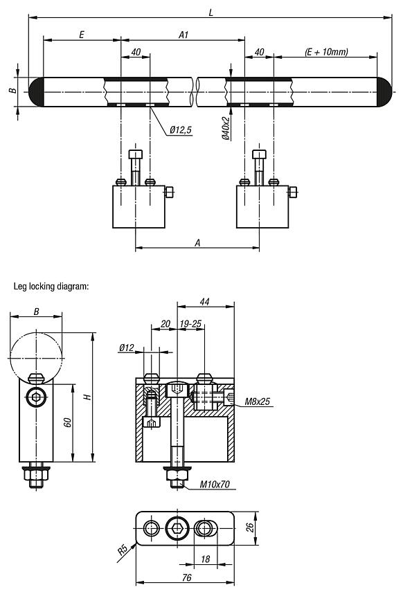 Tubular handles, stainless steel with aluminium tube holders