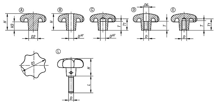Bouton étoileen aluminium, similaire à DIN 6336