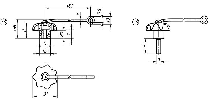 Bouton étoile avec attache de sécurité similaire à DIN 6336, insert en inox