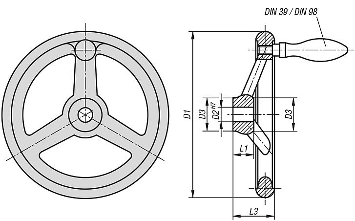 Handwheels DIN 950, grey cast iron, with revolving grip - inch