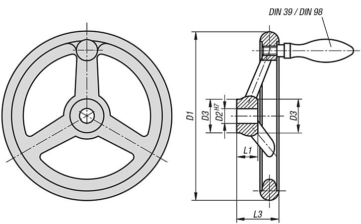 Handwheels DIN 950, grey cast iron, with fixed grip - inch