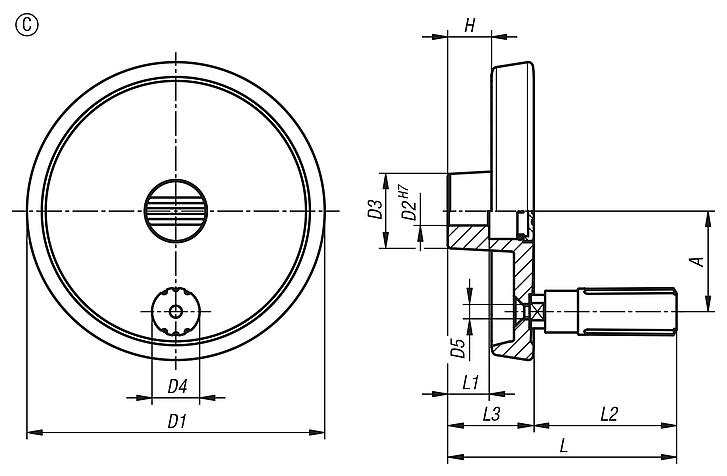 Disc handwheels, aluminium with revolving cylindrical grip, Form C with reamed hole and keyway