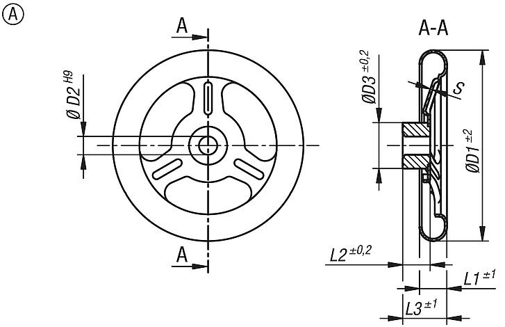 Spoked handwheels, sheet steel, Form A 3 spokes