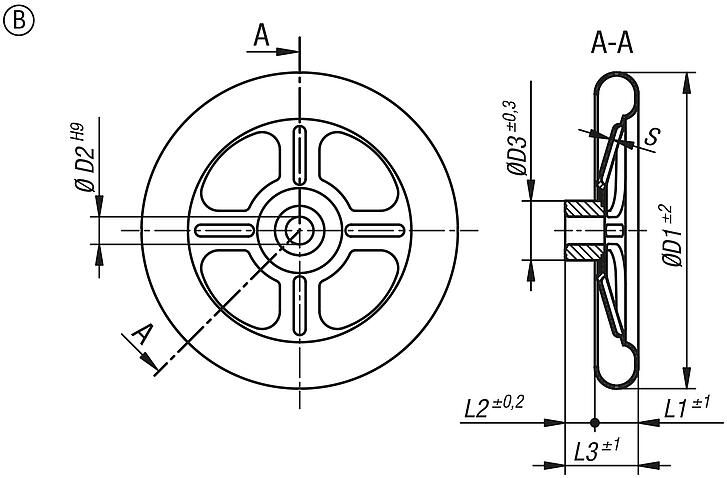 Spoked handwheels, sheet steel, Form B 4 spokes
