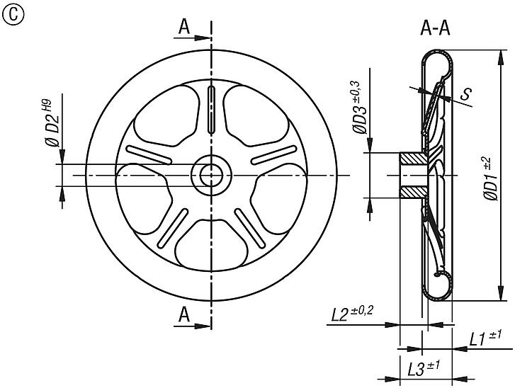 Handwheels sheet stainless steel, Form C, 5-spoke