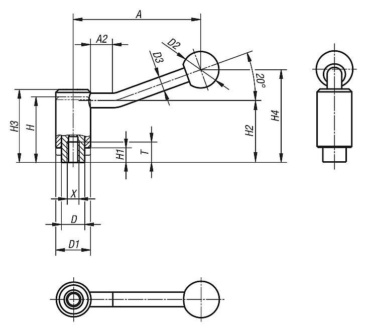 Tension levers, safety, internal thread