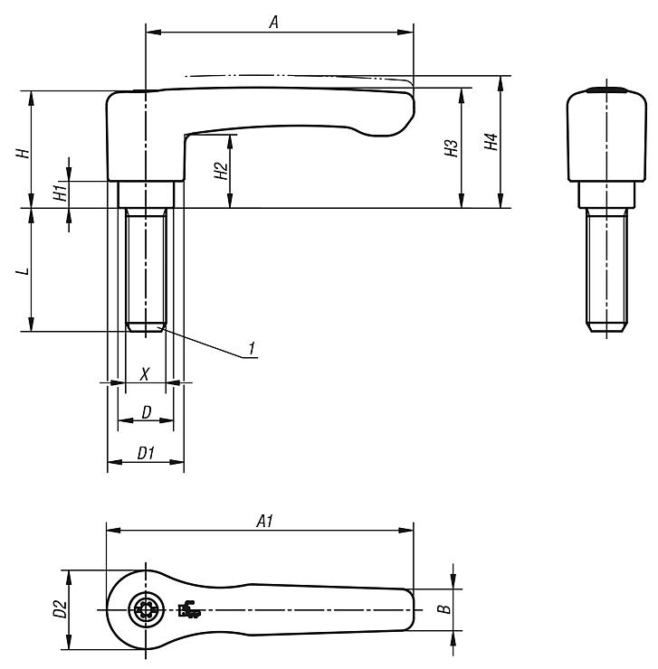 Clamping levers, die-cast zinc, flat with external thread, threaded pin black oxidised steel, inch