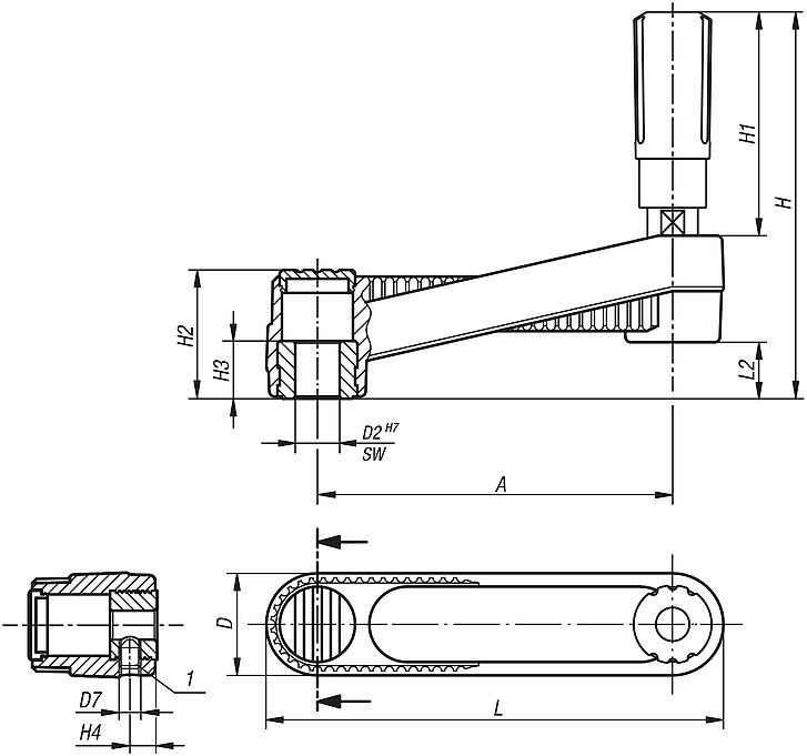 Crank handles with revolving cylinder grip, with square socket