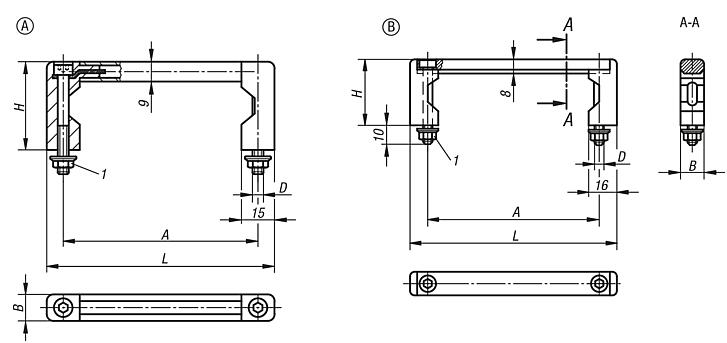 Pull handles, aluminium with plastic grip legs, mounted from front