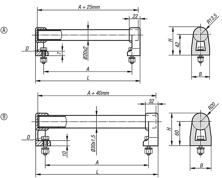 Tubular handles, aluminium with plastic grip legs