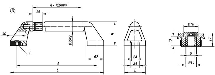 Tubular handles, stainless steel with plastic grip legs, with threaded inserts