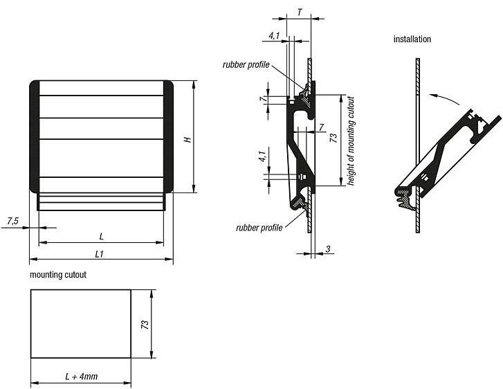 Recessed handles, aluminium, mounted via rubber profile