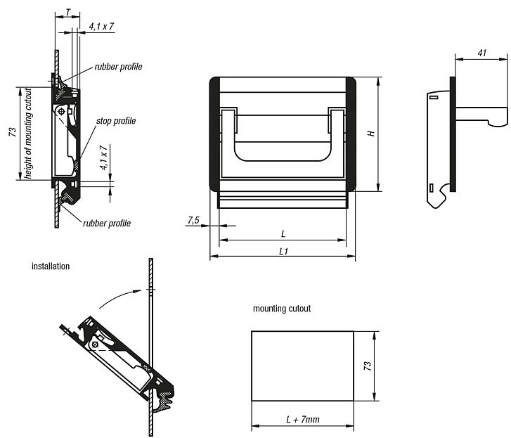 Recessed handles, aluminium, fold-down, mounted via rubber profile