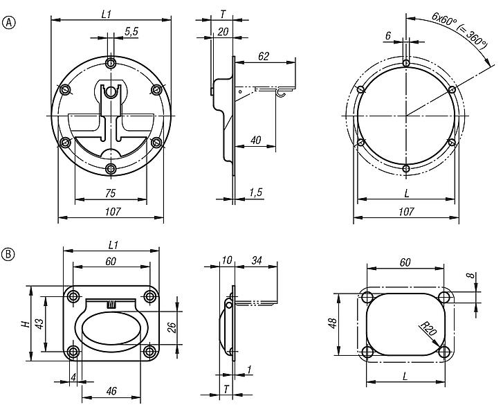 Recessed handles, stainless steel, fold-down