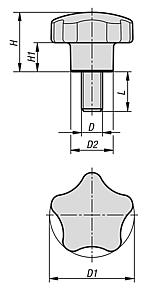 Five lobe grip, plastic (thermoset) with external thread, threaded insert steel or stainless steel