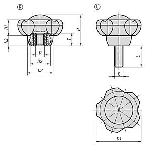 Five lobe grips with cap, plastic, threaded insert steel or stainless steel - inch