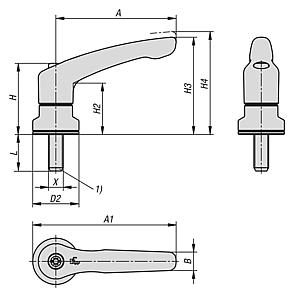 Clamping levers, die-cast zinc with external thread and clamping force intensifier, threaded insert stainless steel