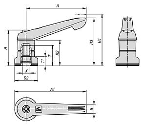 Clamping levers, plastic with internal thread and clamping force intensifier, threaded insert stainless steel