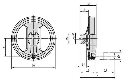 Handwheels 2-spoke plastic, with folding grip, inch