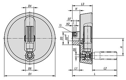 Disc handwheels, aluminium with fold-down cylindrical grip